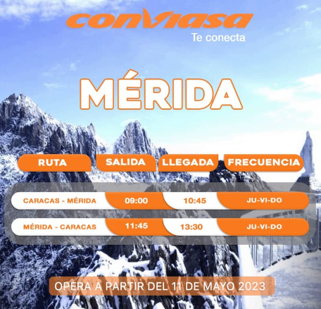 Conviasa habilitó la compra de boletos aéreos con destino a Mérida, desde el Aeropuerto Nacional Simón Bolívar, en Maiquetia con frecuencia de vuelo tres veces por semana