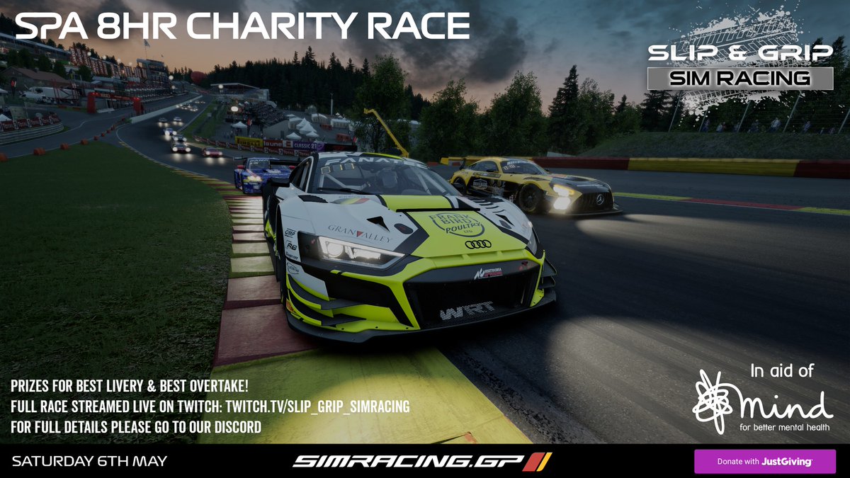 Once again <a href="/RevSimRacing/">RevolutionSimRacing</a> will join a charity race, this time we'll support <a href="/MindCharity/">Mind</a> on a event hosted by our friends at Slip&amp;Grip SimRacing
More info 👇
Discord: discord.gg/tjV4yU9j5y
Twitch: twitch.tv/slip_grip_simr…
SGP: beta.simracing.gp/events/R10moSi…