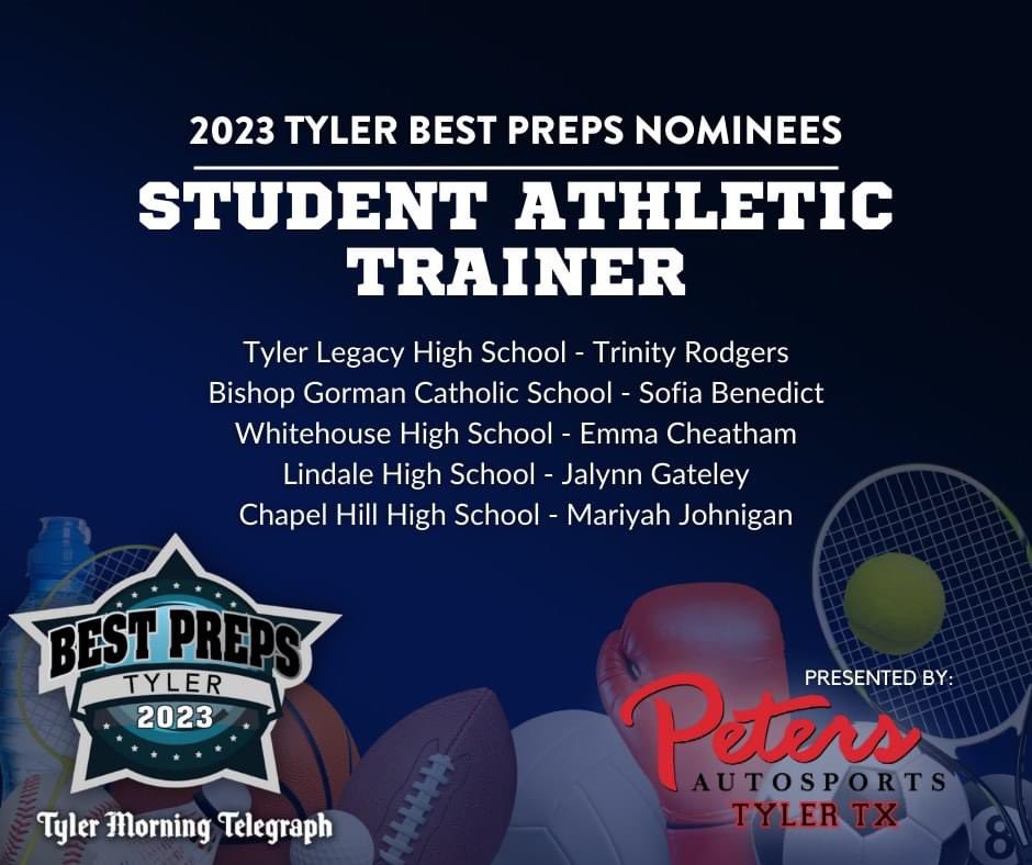 Tyler Paper Sports (@etfinalscore) on Twitter photo Introducing this year's nominees for the Student Athletic Trainer Award!
Join us for the 2023 Tyler Best Preps Award Ceremony presented by Peters Autosports: April 25 at Green Acres Crosswalk Center. For more info on event/ticketing, please email bestpreps@mrobertsmedia.com. Introducing this year's nominees for the Student Athletic Trainer Award!
Join us for the 2023 Tyler Best Preps Award Ceremony presented by Peters Autosports: April 25 at Green Acres Crosswalk Center. For more info on event/ticketing, please email bestpreps@mrobertsmedia.com.