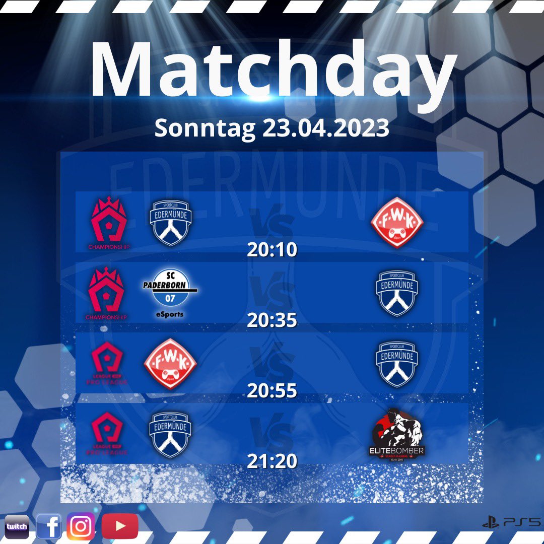 Pro League Championship One🥇
Spieltag 5.
Heimspiel
🆚FWK eSports
⏰20:10

Spieltag 6.
Auswärtsspiel
🆚SC Paderborn 07 eSports
⏰20:35

Pro League One🥇
Spieltag 9.
Auswärtsspiel
🆚FWK eSports

⏰20:55

Spieltag 10.
Heimspiel
🆚S5 EliteBomber
⏰21:20