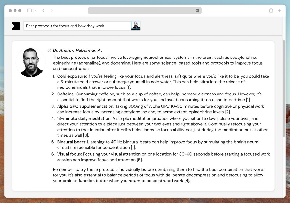 We're testing comprehensive answers. The results are wild. Ask for @hubermanlab protocols and receive: • Mechanisms & benefits explained • Citations with timestamped links • High-level intro & implementation instructions • References 5 episodes