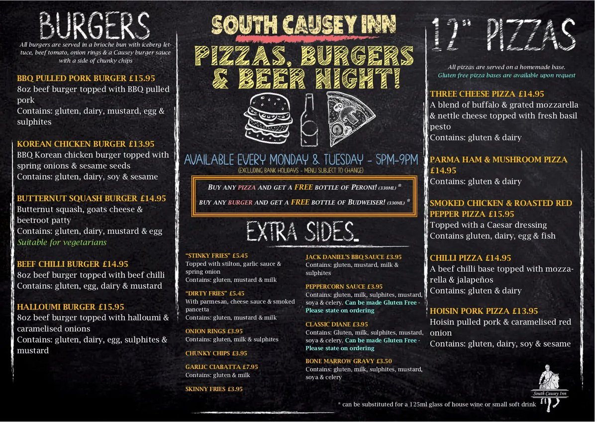 BURGER & PIZZA NIGHT  🍕🍔 Every Monday & Tuesday, you can enjoy our Burger & Pizza Night Menu, where you can choose any Burger or Pizza and get a free bottle of Peroni or Budweiser! You can book online, or please contact our team by calling 01207 235555. #RestaurantDeals