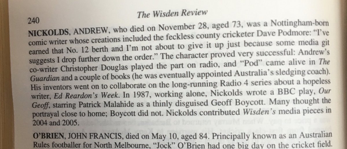 Good to see my friend and co-writer Andrew Nickolds getting an obit in ⁦@WisdenAlmanack⁩ alongside the likes of Shane Warne and Rodney Marsh. That would have amused him! #DavePodmore #EdReardon