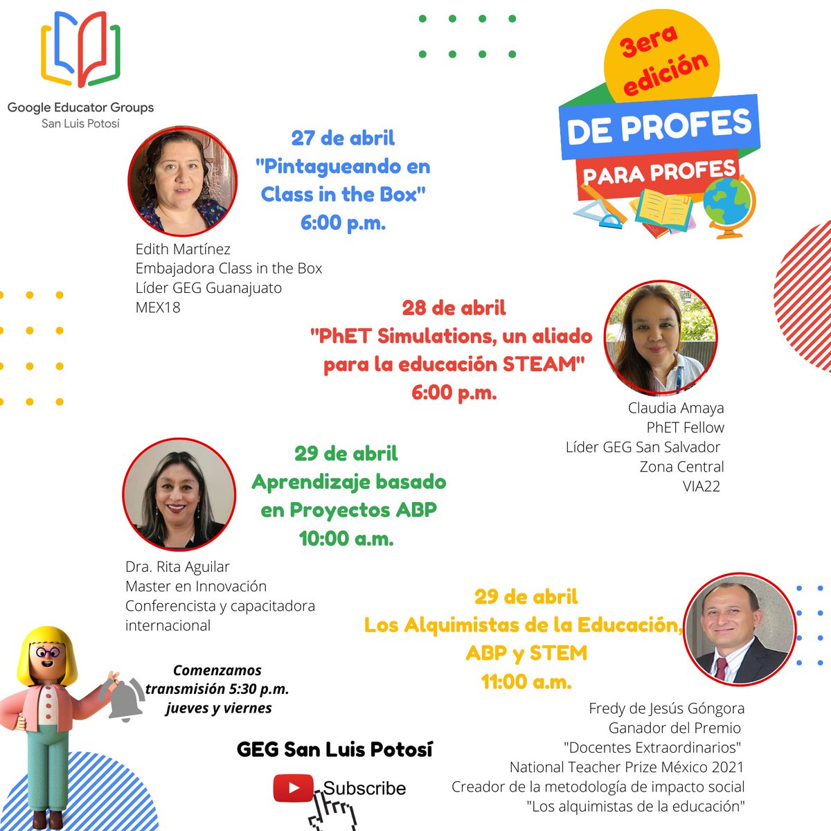Los esperamos el jueves 27 para iniciar la 3a.Ed. #deProfesparaProfes, en punto de las 5:30 p.m. (hora de México). No se lo pueden perder!🤩 Suscríbanse a nuestro canal de YouTube bit.ly/3H7oTVV #ClassintheBox #ABP #PhETSimulations #losalquimistasdelaeducación