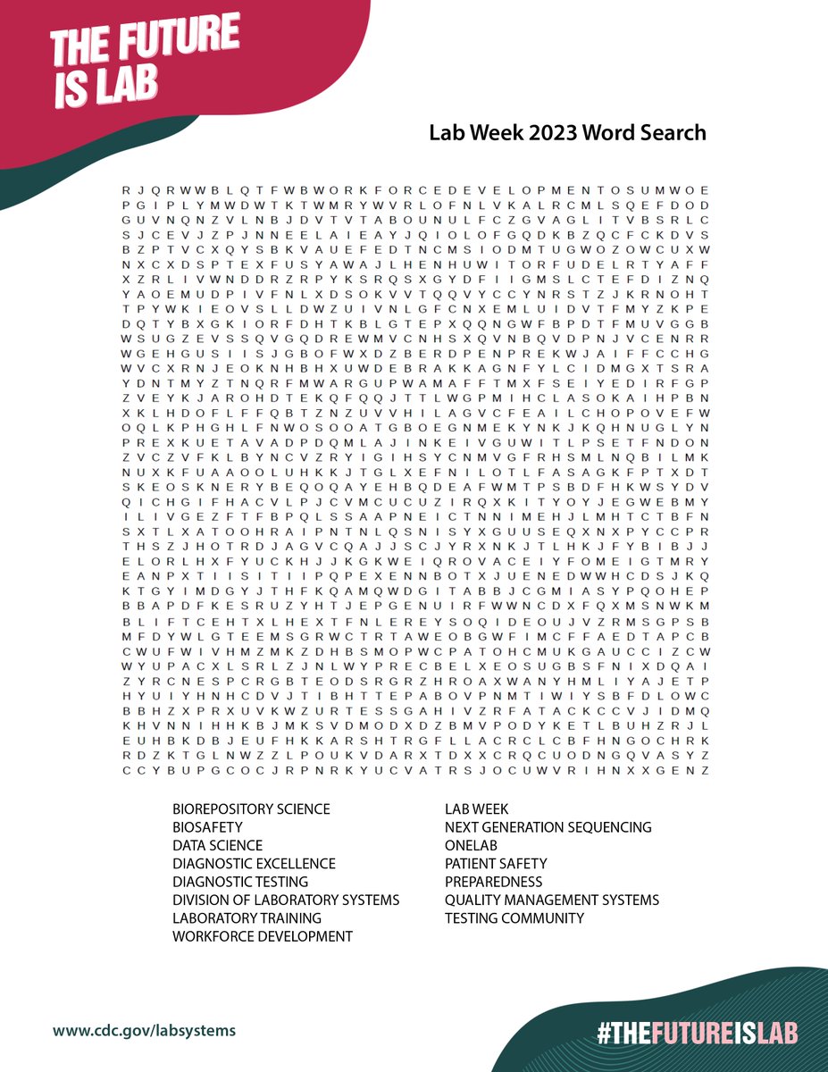 Check out this Word Search from the CDC for #LabWeek2023!

#MLPW #Lab4Life #Labucate