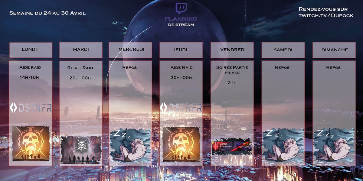 Planning de stream de la semaine. N'oubliez pas, lundi et jeudi je serais en stream sur  twitch destiny France. Vendredi soir, on fera de la partie privée pour le subgoal du mois dernier. Des bisous !! <3 
twitch.tv/dstnfr