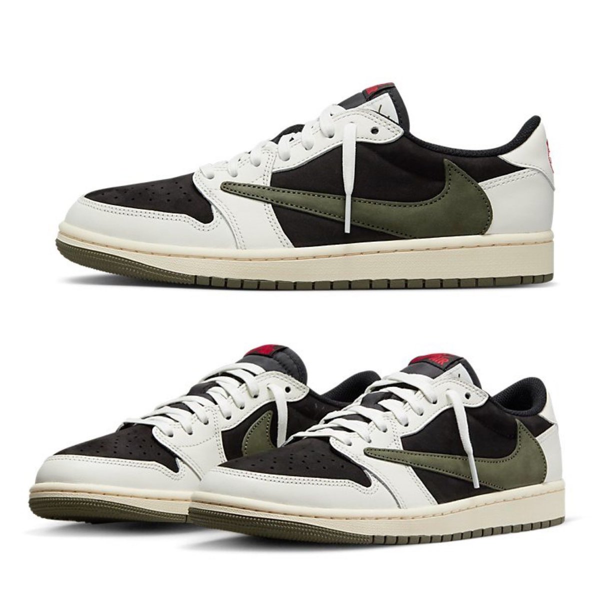 thesnkrsleaker's tweet photo. The Travis Scott x Jordan 1 Low ‘Olive’ is dropping this Wednesday, 4/26 🫒 

Releasing on SNKRS as well as through Travis Scott’s website + tier 0 retailers 🌵 https://t.co/L1KwaNrVRz