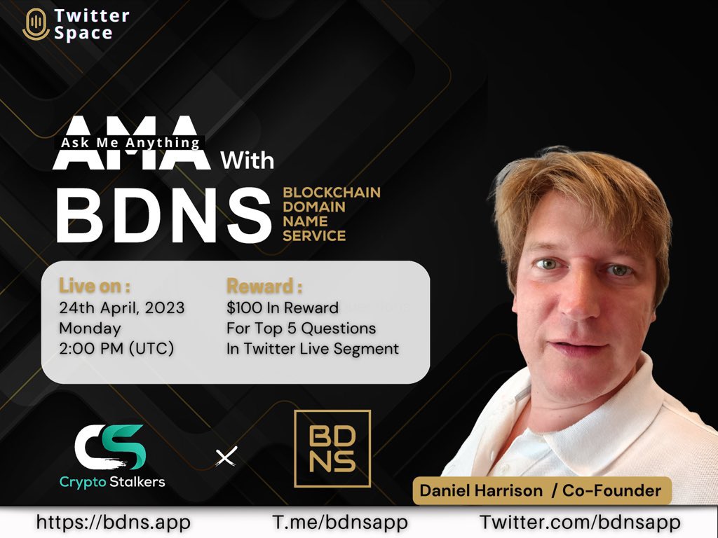 Zain_Onchain's tweet photo. 🎙️Tune in our upcoming Twitter Space #AMA on 24th April, 2:00 PM UTC with @bdnsapp 

🥂Pool: 100$

➡️ Set a reminder: https://t.co/HOHFPCe2Ip

✨ Rules ⤵️ 
☑️ Follow us &amp; @bdnsapp 
☑️ RT &amp; tag 3 friends
☑️ Quote tweet your Questions
☑️ Join the space https://t.co/72SF7Mjk9P