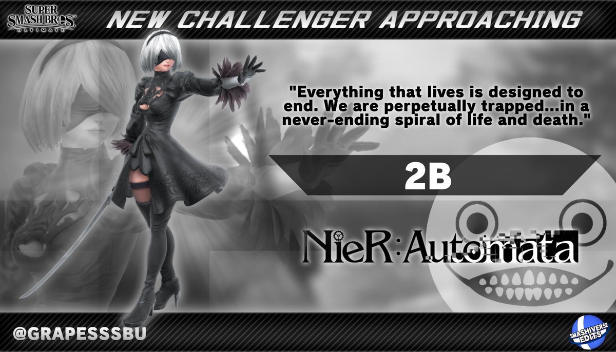 GrapesSSBU's tweet photo. 🔌 NEW CHALLENGER APPROACHING 🗡
The YoRHa soldier 2B arrives onto the battlefield fully equipped and ready to dominate her foes.
#ssbu #ssbuedits #smashsummit #smashiverse
#2B #YoRHA2B #nier #nier_automata https://t.co/CTOidvjWP1