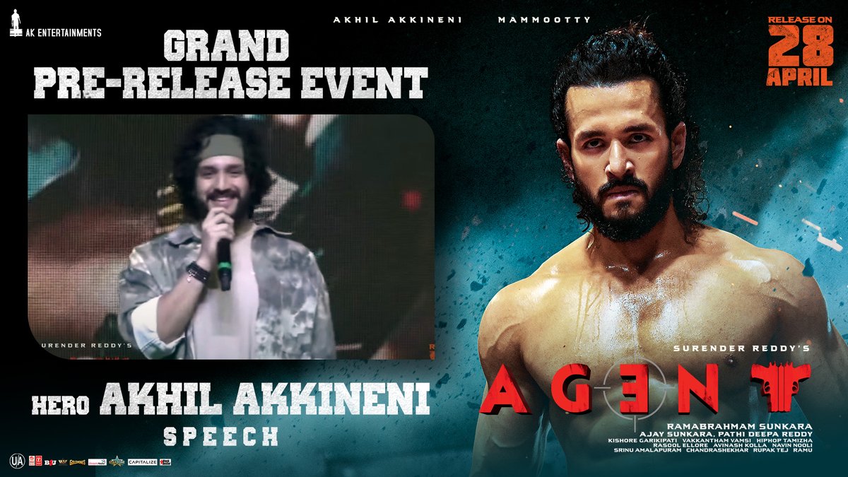 AKentsOfficial's tweet photo. SAALE NAHI... WILD SAALE BOL 🔥

Watch The wild one @AkhilAkkineni8's wild speech at the Grand Pre-Release Event of #AGENT ❤️‍🔥

- https://t.co/5u8u37HunG

#AgentOnApril28th

@mammukka @sakshivaidya99 @DirSurender @AnilSunkara1 @AKentsOfficial @shreyasgroup https://t.co/P7IWXFYaC6
