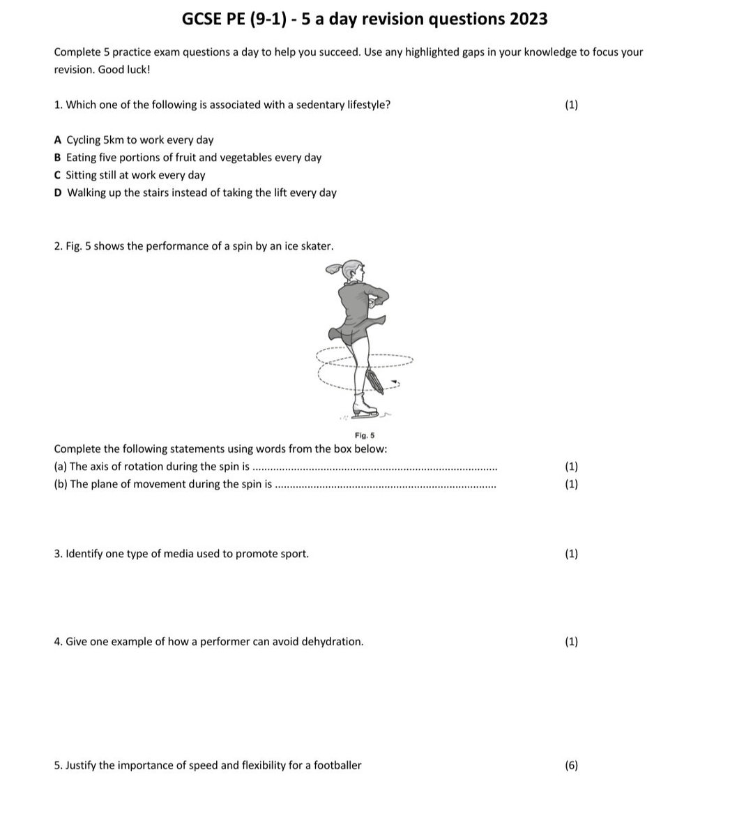 SPH_PE's tweet image. Day 6

AQA GCSE PE Revision - 5 a day questions! 

...Answers on the second picture #AQAGCSEPE #Revision