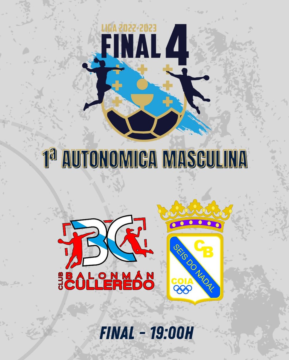 🏆 FINAL 4 PRIMERA AUTONÓMICA MASCULINA

🔹Final
🕔 19:00h
🆚 <a href="/BmCulleredo/">Balonmán Culleredo</a> - <a href="/SeisdoNadal/">C. Bm. Seis do Nadal - Coia</a>

Partidazo polo subcampionato galego e por unha praza na fase de ascenso a primeira nacional. 

youtube.com/live/eQAoarTV3…

#ConSeloGalego🌟