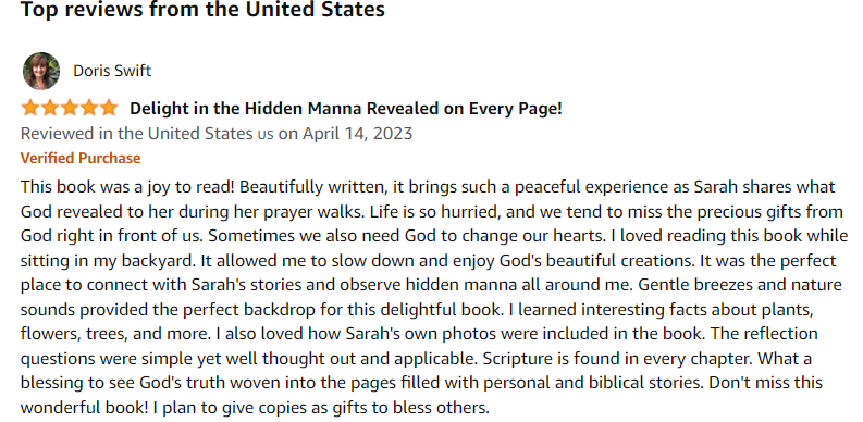 SarahLynneCR's tweet photo. Thank you to Doris for this wonderful review! I'm excited to be sharing a chapter of my book, Hidden Manna on a Country Road, today at a speaking event. Get your copy here: https://t.co/7g8rajrf6U #bookreview #hiddenmanna #bookrecommendation #hiddenmannaonacountryroad https://t.co/YDtsphoCG0
