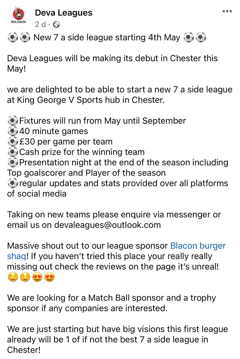 Deva Leagues (@devaleagues) on Twitter photo ⚽️🏆 We are a new 7-a-side summer league starting in Chester. We are currently seeking a matchball and trophy sponsor. If you’re interested in joining or looking at sponsoring us, please contact through DM or email your interest @ Devaleagues@outlook.com 🏆⚽️ ⚽️🏆 We are a new 7-a-side summer league starting in Chester. We are currently seeking a matchball and trophy sponsor. If you’re interested in joining or looking at sponsoring us, please contact through DM or email your interest @ Devaleagues@outlook.com 🏆⚽️