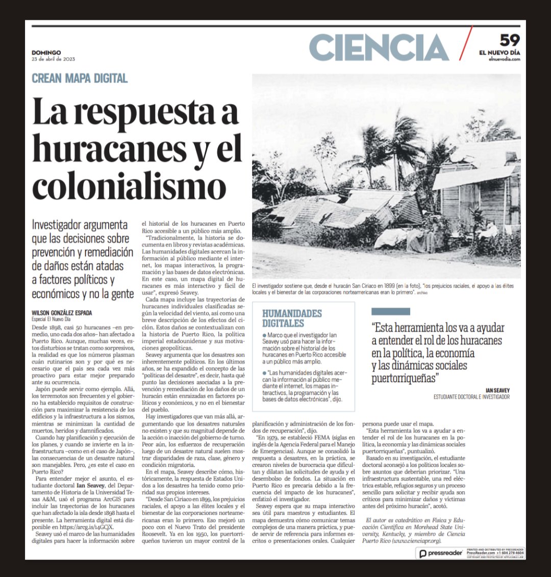 HurricaneSeavey's tweet photo. The most circulated newspaper in Puerto Rico, @ElNuevoDia, just published an article about me and my DH project "Mapping Puerto Rico's Hurricane History!" Thank you to Wilson González-Espada for interviewing me and writing an  incredibly thoughtful piece! https://t.co/ccPUdu5tx1 https://t.co/JBHTOGjc77