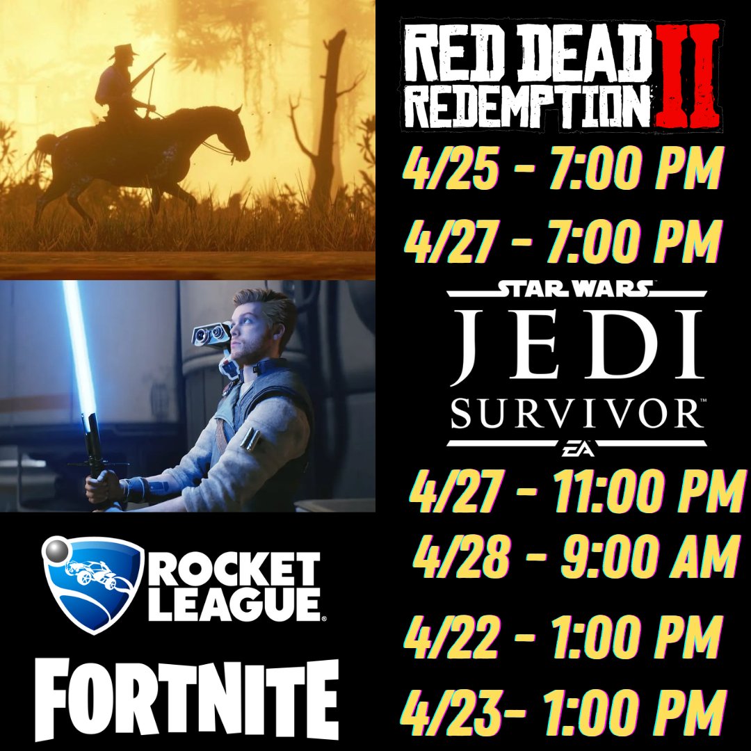 There's a lot of gaming this week. #RedDeadRedemption2 #JediSurvivor #RocketLeague #Fortnite . My channel link is in the description. Come join the #livestreams and be a part of my #YouTube #community . #supporthttps://www.youtube.com/channel/UCx4pdyB_hVnuffGENAB7K9g