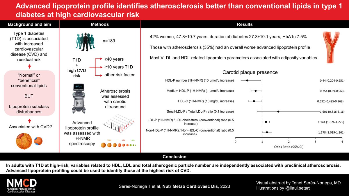 🗣️ JUST PUBLISHED! 'Advanced lipoprotein profile identifies atherosclerosis better than conventional lipids in type 1 diabetes at high cardiovascular risk' 📄Several lipoprotein parameters could identify those at the highest risk of CVD 🫀 Available at: sciencedirect.com/science/articl…