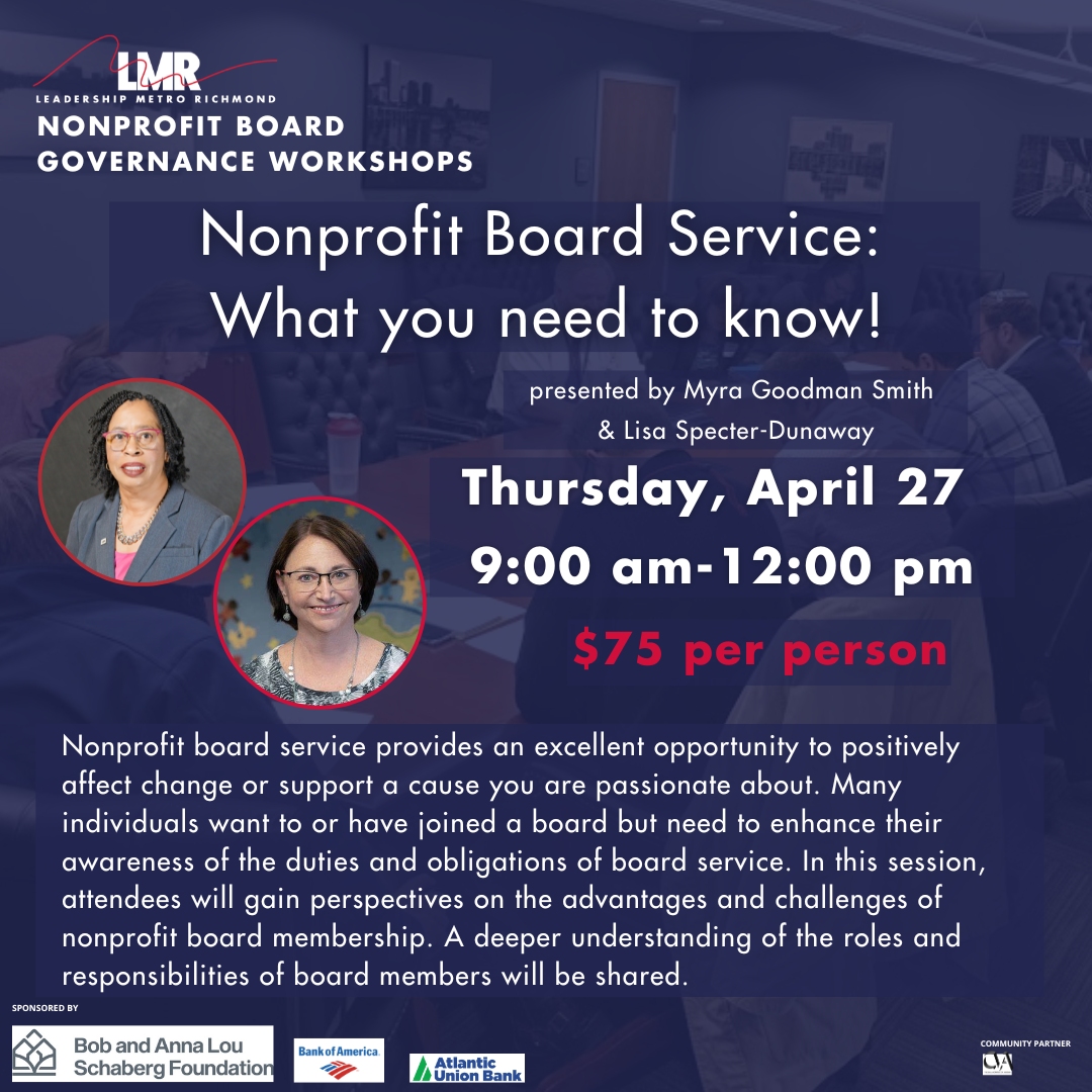 Join us on Thursday from 9-Noon, for "Nonprofit Board Service: What you need to know!" with LMR President &amp; CEO Myra Goodman Smith, and nonprofit leader Lisa Specter-Dunaway. Register here: give.classy.org/2023-Workshops