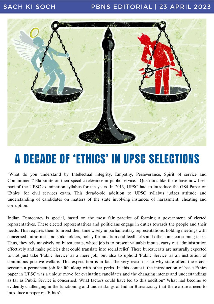 PBSHABD's tweet photo. PBNS Editorial - Sach Ki Soch - 23 April 2023

A Decade of ‘Ethics’ in UPSC Selections
@Samir_for_India
 
All Editions: https://t.co/hwC0kLEYHa https://t.co/Bukhfizb9a