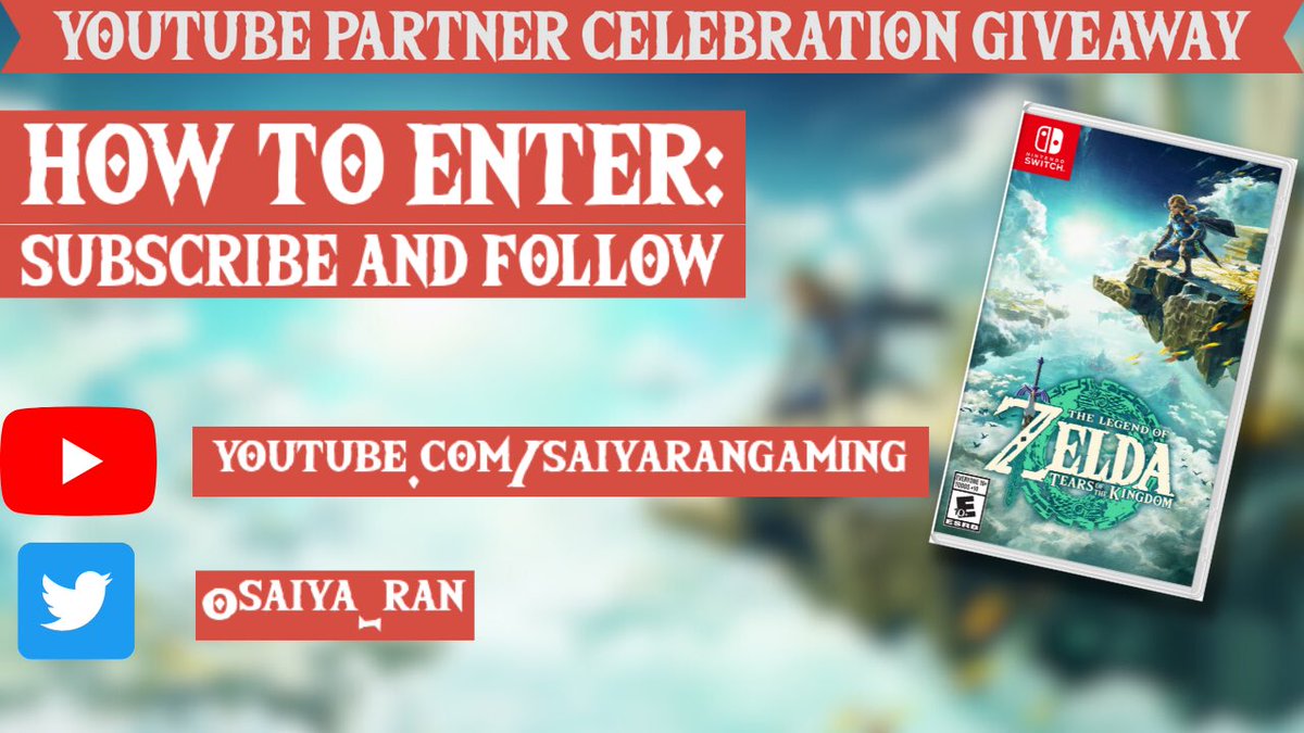 saiya_ran's tweet photo. YOUTUBE PARTNER CELEBRATION GIVEAWAY! ���🥳🥳
1 copy of The Legend of Zelda #TearsoftheKingdom!

ENTER HERE: https://t.co/mb4Lxhnz7x

✅SUBSCRIBE to SaiyaRan Gaming at https://t.co/ETRkb3IuNL
✅FOLLOW 
@saiya_ran 

✅LIKE❤️ &amp; RETWEET🔁
✅COMMENT💬 below!

GOOD LUCK! https://t.co/DjED3CVaYa