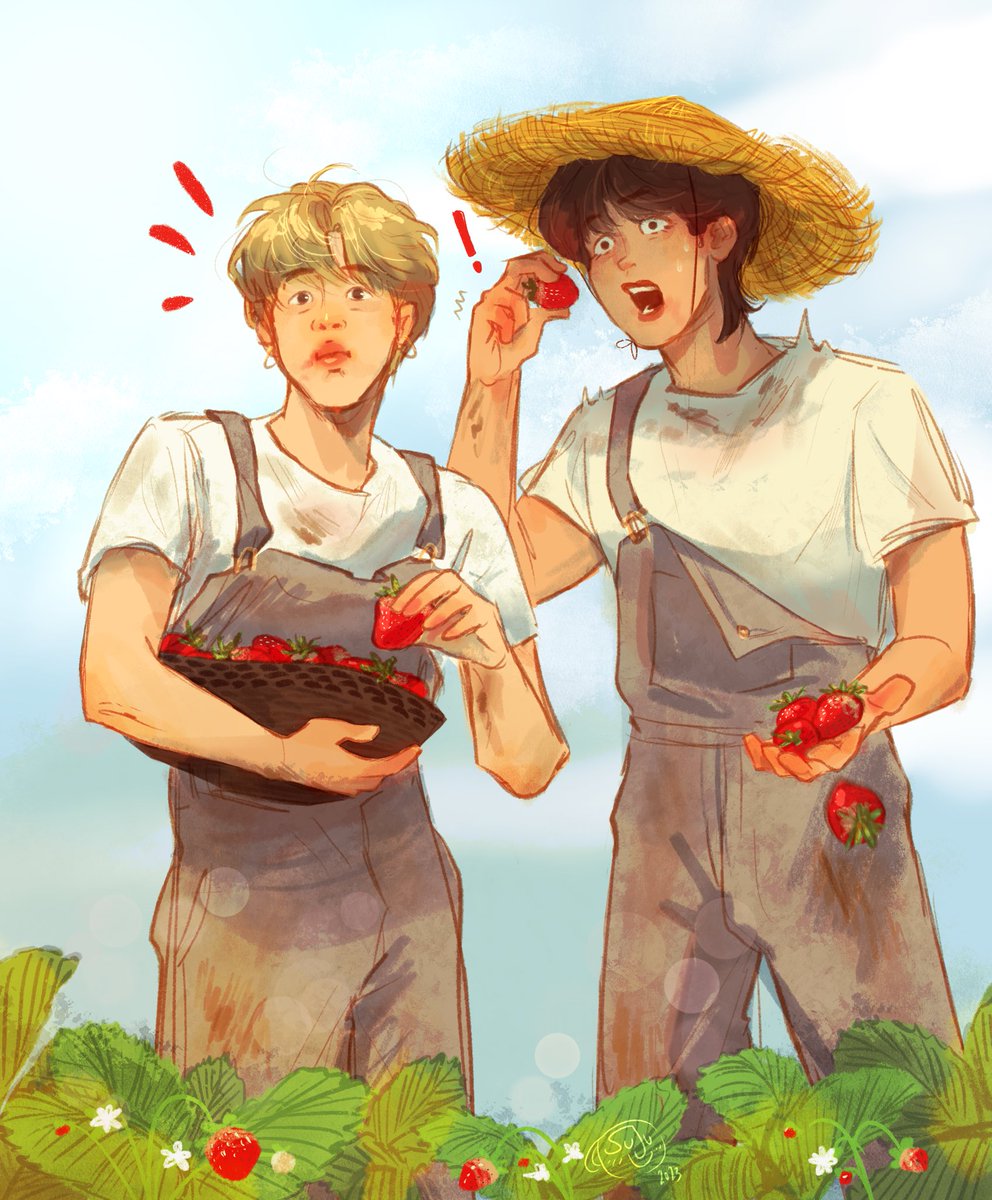 sujus_art's tweet photo. bff jimin and taheyung collecting strawberries and stealing them ‘cause it’s certainly not their own veggie patch :)
🪴🍓🌱🌟. #vmin #vminfanart #vmindrawing #jiminfanart #taehyungfanart #btsfanart #btsdrawing https://t.co/JUwekyB6ih