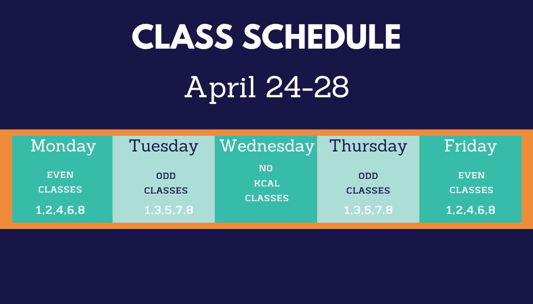 KCAL_KISD's tweet photo. Here is this week's schedule. See you tomorrow!
Reminder: there will be no KCAL classes on Wednesday. Students will stay on their home campuses for testing.
#kcal #kellercenterforadvancedlearning #classschedule #weeklyschedule #kcalschedule https://t.co/uf2n8ZUazT