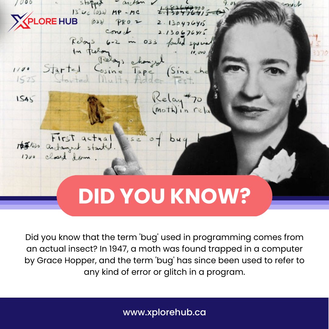 XploreHub's tweet image. Did you know that the term "bug" used in programming comes from an actual insect?
In 1947, Grace Hopper, a computer scientist and naval officer, found a moth trapped in a Harvard Mark II computer and removed it.
#coding #codingforkids #programmingforkids #kidslearningcoding