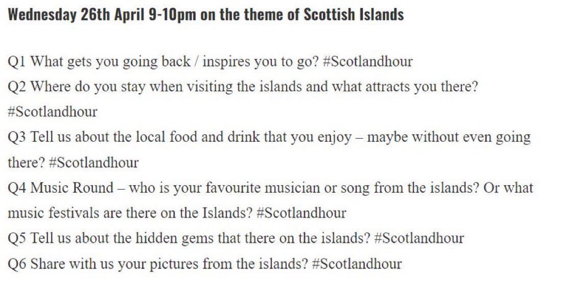#ScotlandHour (@scotlandhour) on Twitter photo Delighted to be able to let you know that <a href="/isleofeigg/">Isle of Eigg</a> is joining as guest hosts for Wednesday night's #Scotlandhour on the theme of Scottish Islands alongside <a href="/IslayandJura/">Explore Islay & Jura</a> and <a href="/VisitSmallIsles/">Visit Small Isles</a>
Questions are below so please RT and we'll see you 9-10pm on Wed.26th Delighted to be able to let you know that <a href="/isleofeigg/">Isle of Eigg</a> is joining as guest hosts for Wednesday night's #Scotlandhour on the theme of Scottish Islands alongside <a href="/IslayandJura/">Explore Islay & Jura</a> and <a href="/VisitSmallIsles/">Visit Small Isles</a>
Questions are below so please RT and we'll see you 9-10pm on Wed.26th