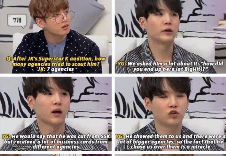 S: seçmelerden sonra kaç ajans kapmaya çalıştı?
🐰: 7 ajans
🐱: Ona bunu çok sorduk 'nasıl oldu da
(BigHit'e) geldin?'
🐱: SSK'dan kesildiğini ancak ajanslardan çok kartvizit aldığını söylerdi.
🐱: Bize gösterdi ve çok daha büyük ajanslar vardı, bu yüzden bizi seçmesi bir mucize