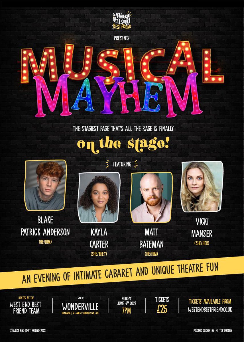 Alright folks, I am going to be co-hosting @westendbf ‘s Musical Mayhem!! It's going to be a night of songs and laughs with some West End stars!! 🎭🎙️

Sunday the 4th June at Wonderville in Haymarket !!! Come along.

It’s gunna be fab!!👏🏽

Tix👇🏽👇🏽

feverup.com/m/128509