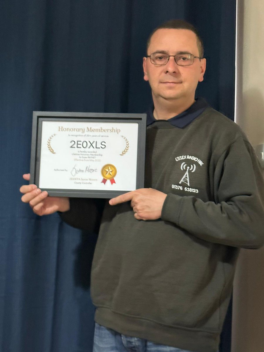 EssexRAYNET's tweet photo. Owen, 2E0XLS recieved his Honorary Membership certificate today after being awarded it at our recent  AGM. Congratulations Owen. https://t.co/7LClTPwXtc @RAYNET_UK https://t.co/plomeJNy2e