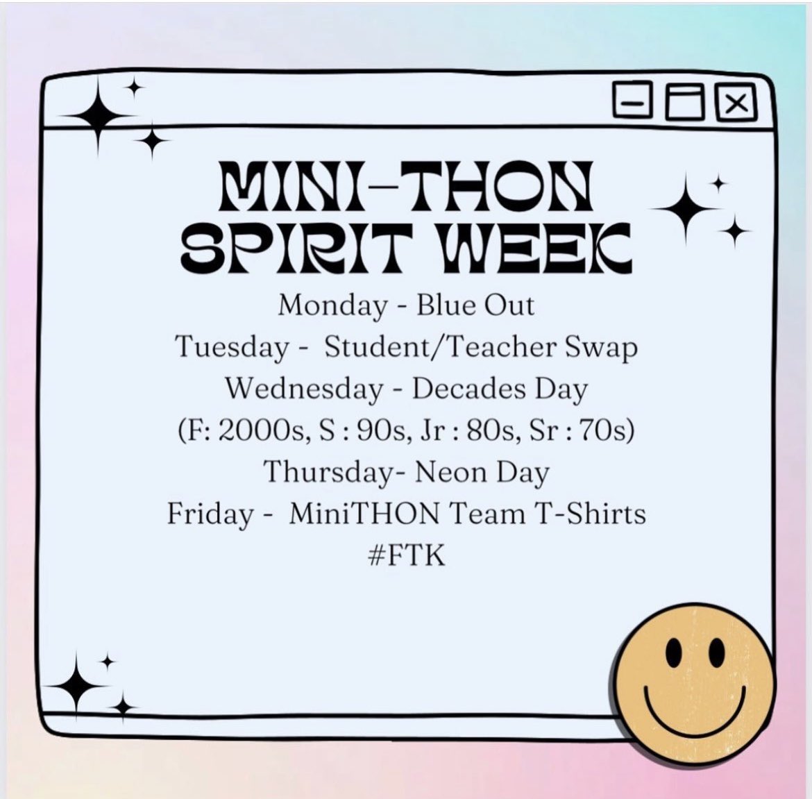 SFMiniTHON's tweet photo. Here are your themes for Mini-THON
Spirit Week!! Make sure to dress up next week to get ready for the big night !! KEEP PUSHING THOSE DONOR DRIVES! #FTK #PushWeek https://t.co/LfuUNHLGlb