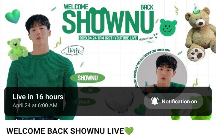 MONBEBE♡LATINA (@latina_monbebe) on Twitter photo 📢
WELCOME BACK SHOWNU LIVE 🐻💚
Monbebe, no olvides activar la notificación del recordatorio para darle la bienvenida a nuestro líder Shownu 🤩
🔗youtube.com/live/6R7mrvc6R…
#SHOWNU #셔누
#MONSTAX #몬스타엑스
<a href="/OfficialMonstaX/">몬스타엑스_MONSTA X</a> 📢
WELCOME BACK SHOWNU LIVE 🐻💚
Monbebe, no olvides activar la notificación del recordatorio para darle la bienvenida a nuestro líder Shownu 🤩
🔗youtube.com/live/6R7mrvc6R…
#SHOWNU #셔누
#MONSTAX #몬스타엑스
<a href="/OfficialMonstaX/">몬스타엑스_MONSTA X</a>