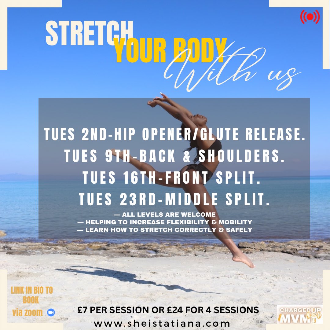 tatxanaa's tweet photo. Join my online stretch class from next month 📣🤸🏽‍♀️perfect for all levels
Join on Tuesdays from the comfort of your home 🏡
7PM-8PM

Every Tuesday on Zoom
LINK IN BIO TO BOOK!

BREATH. RELAX. STRETCH 🧘🏾‍♀️ #stretch #stretching #stretchclass #onlineclasses #onlinestretching https://t.co/s6uhDWaspK