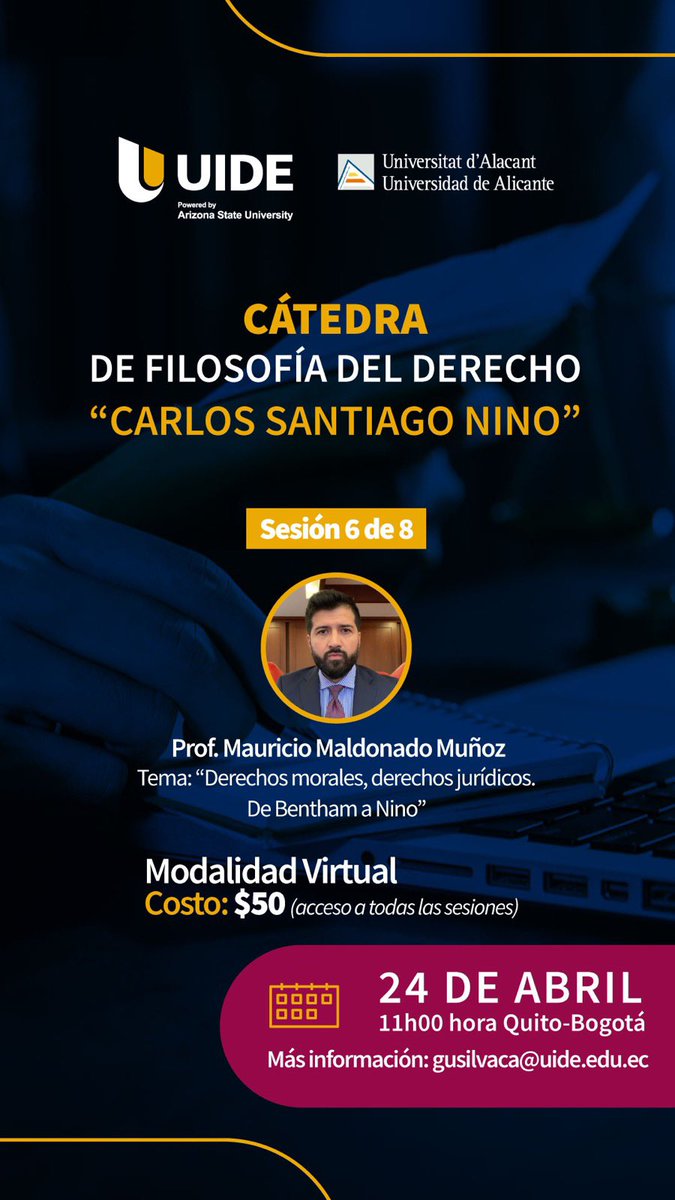 mmaldonadomunoz's tweet photo. El día de mañana, a las 11h00, participaré en la Cátedra de Filosofía del Derecho “Carlos Santiago Nino”, de la UIDE y la Universidad de Alicante. Mi ponencia se titula: “Derechos morales, derechos jurídicos: de Bentham a Nino”. https://t.co/s2DbqCi5R3
