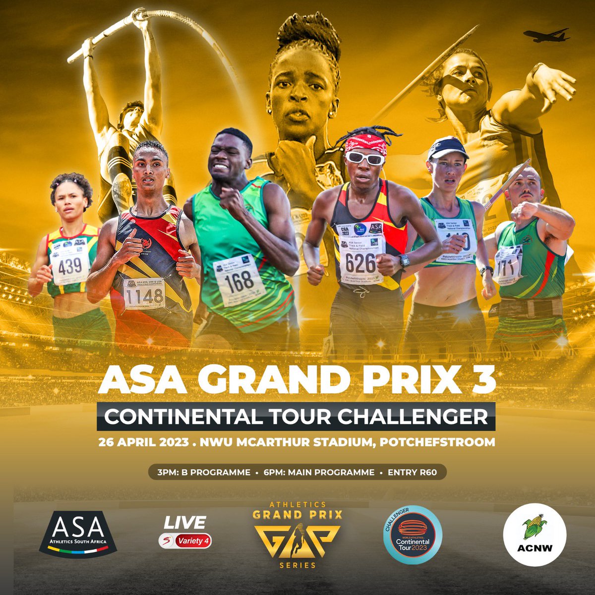 AthleticsSA_'s tweet photo. Final leg of ASA Athletics Grandprix. Can we do it again? Let’s #FillUpPotch NWU MCArthur Stadium Potchefstroom, 26 April 2023 15:00. Live on Supersport 4 Variety. #Grandprix3 #jointhemovement https://t.co/WfEd8cw8r5