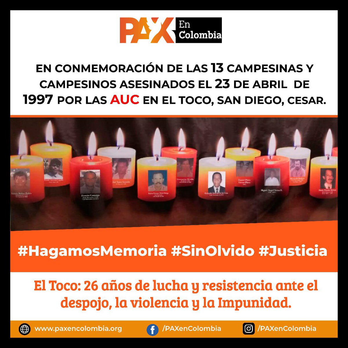 🚨| #PAXInforma #PAXConmemora.

El 23 de abril de 1997 paramilitares de las AUC, por orden de 'Jorge 40', incursionaron en la parcelación El Toco, en San Diego, Cesar y asesinaron a integrantes de la JAC, causando terror y despojo de tierras.
Abre🧵

#SinOlvido #Memoria #Justicia
