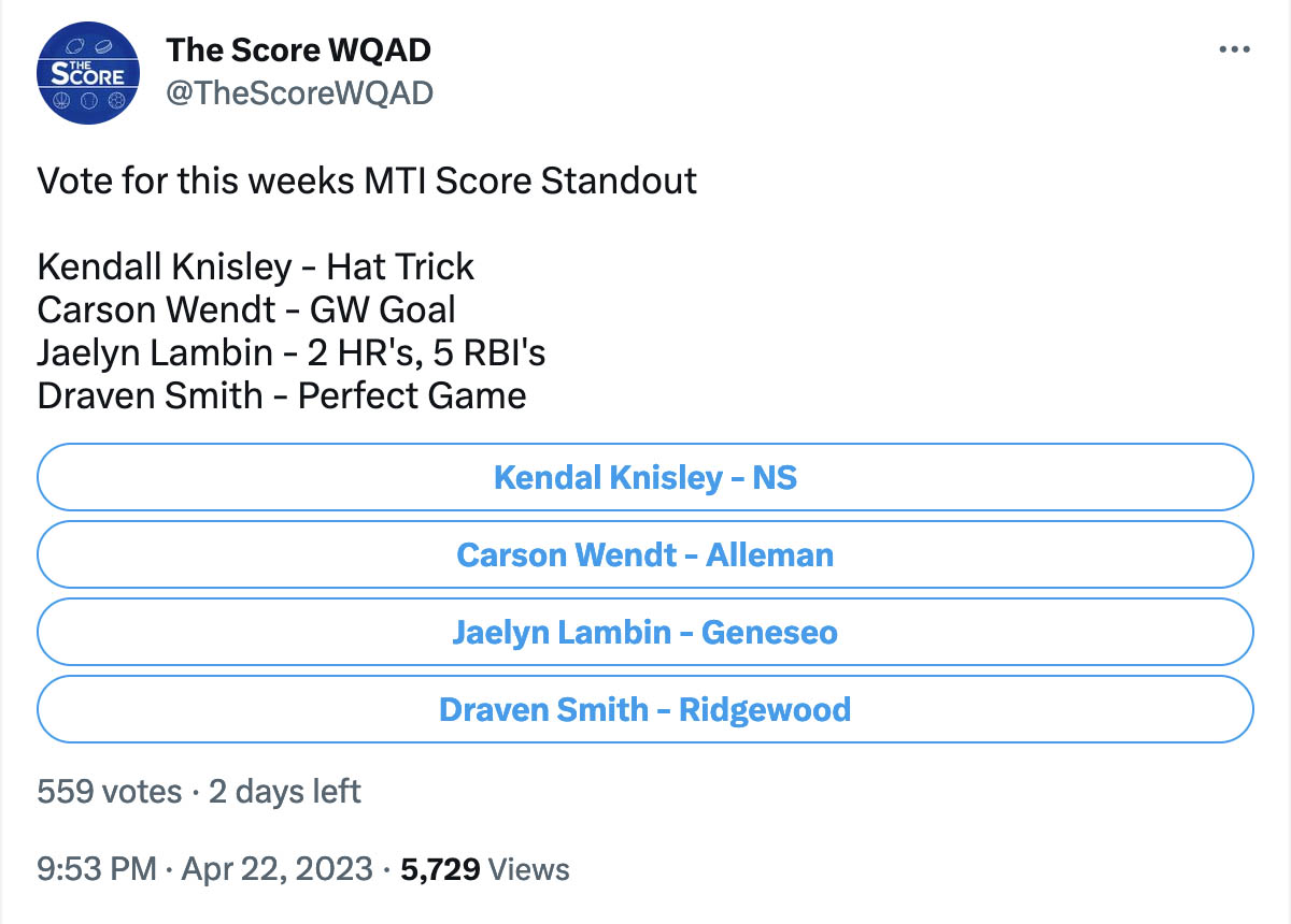 What are your plans for the rest of the day?

We hope it includes voting for our very own Carson Wendt for this weeks MTI WQAD Score Standout!!!

Vote here: x.com/thescorewqad/s…