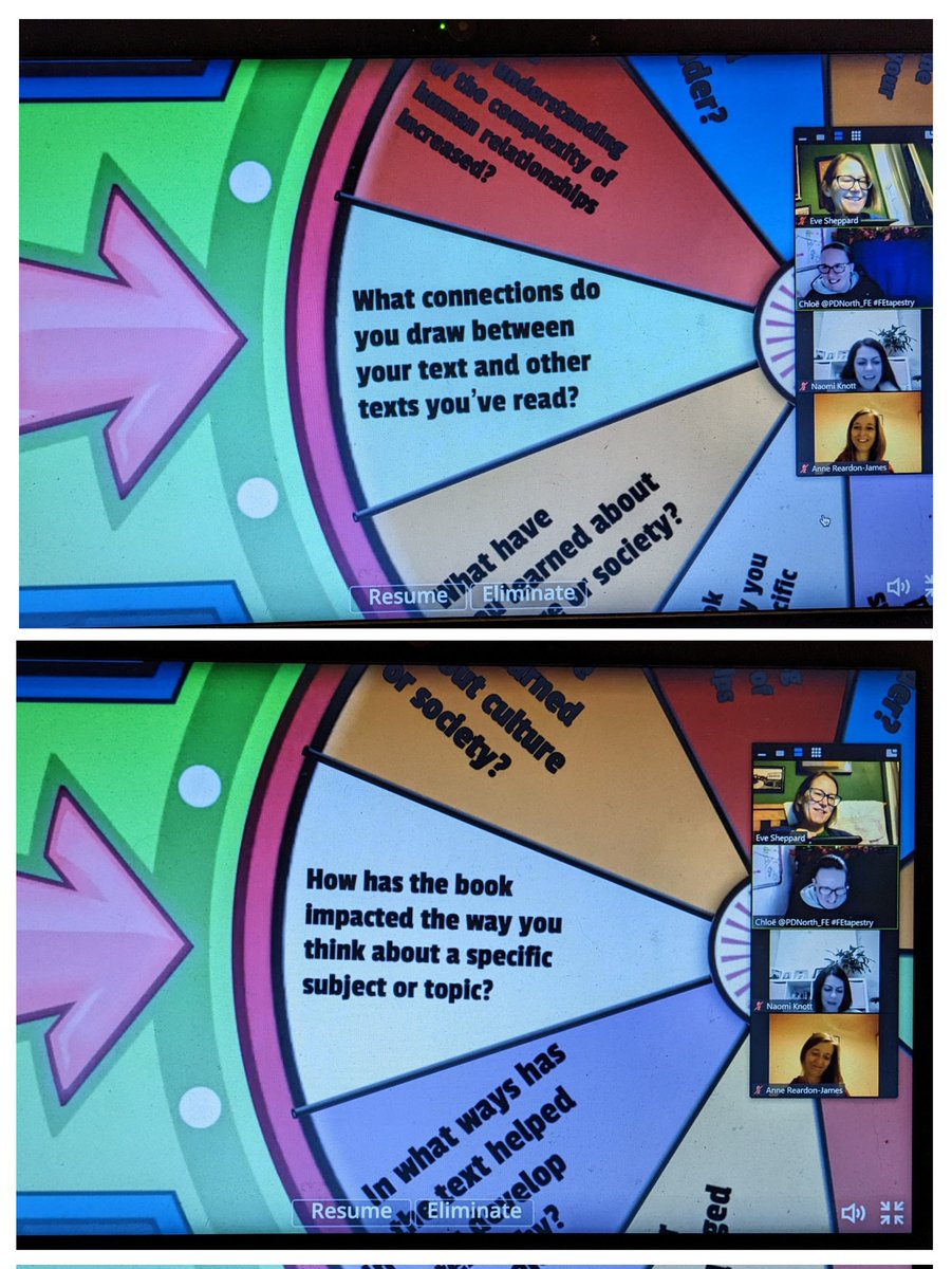 ESOL_Eve's tweet photo. Oops! Almost forgot to post this week's #FEreadingCircle spinner pics! Got through 2 questions this week 🔥 as we reflected on The Lightmaker's Manifesto by @chookooloonks, talking about activism and what brings us joy 💛. https://t.co/zhGcfFqzuG