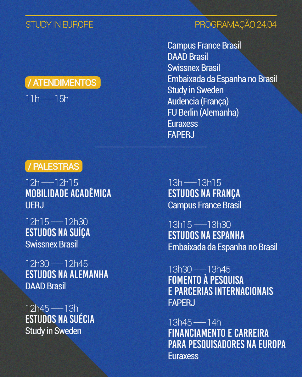 EuraxessBrasil's tweet photo. Amanhã, 24 de abril, tem Study in Europe Roadshow na @UERJ_oficial!

A @EuraxessBrasil apresentará as oportunidades de financiamento na Europa, acompanhada da @campusfrancebr DAAD Brasil @swissnexBrazil @EmbEspBrasil @SAR_Sweden @faperj 

Saiba mais: 
https://t.co/DMzoCEWscP https://t.co/loQnQJExzH