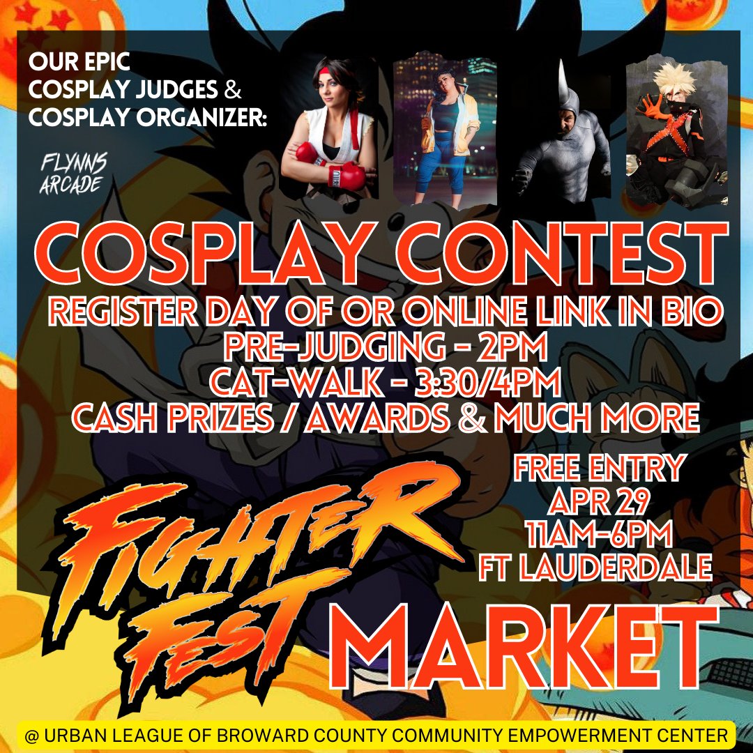 jakejameslugo's tweet photo. For everyone that's into #cosplay and gaming stuff, you'll want to check out the cosplay contest going on that day. Details on the website. https://t.co/iOb8rweROK
Plus the fighting game tournaments with prize pots and much more! See you all there! @Flynnsgamingfl #FighterFest https://t.co/97oYAwSDnq