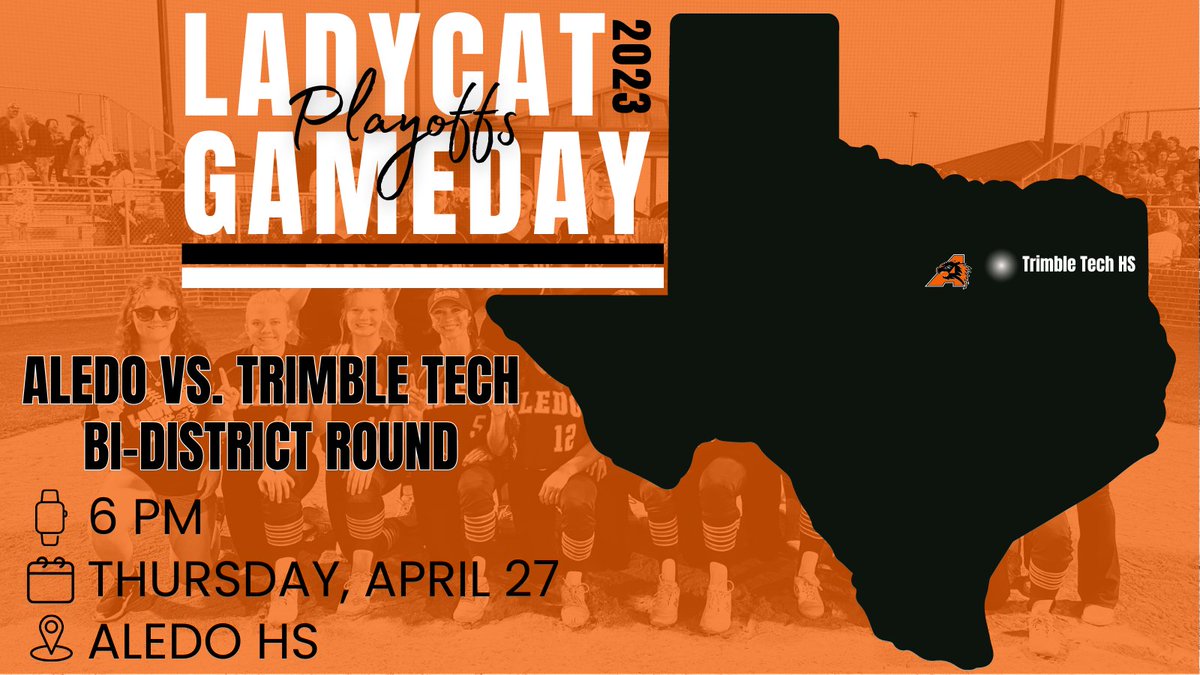 LadycatSoftbal1's tweet photo. It's #ladycatsoftball PLAYOFF TIME! Come pack the stands as the Ladycats try to make their third-straight run to the State Tournament! 🙌
Aledo 🆚 Trimble Tech
⌚️ 6 PM
📅 Thurs. 4/27
📍 Aledo HS
🎟️ $4 adult/$2 student; THSCA, TGCA and District passes accepted

#playfortheA https://t.co/2SscLmXble