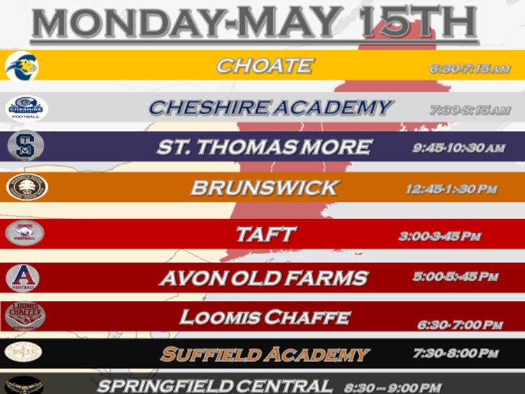 LoomisFootball's tweet photo. May 15 is just over three weeks away. Can’t wait. 

@CRHFootball 
@CAcatsFB1794 
@STMCT_Football 
@Wick_Football_ 
@TaftFootballCT 
@AOF_Football 
@LoomisFootball 
@SATigerFootball 
@CentralFB413 https://t.co/FrEK9olu5I