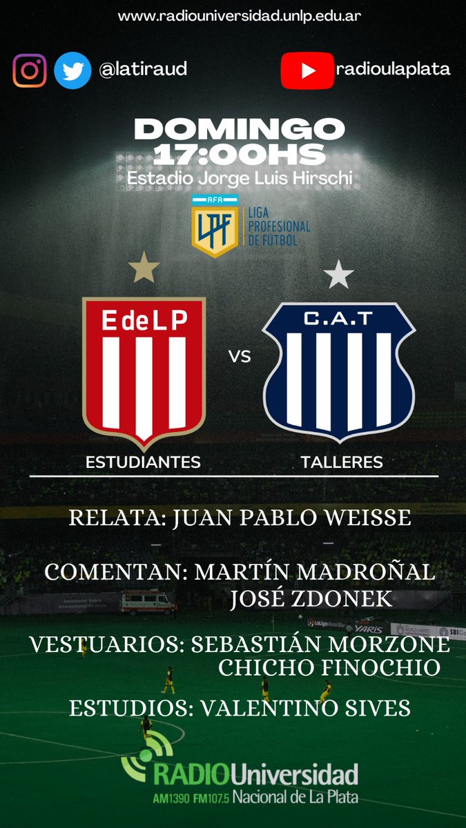 Desde las 17 relato <a href="/EdelpOficial/">Estudiantes de La Plata</a> - <a href="/CATalleresdecba/">Club Atlético Talleres</a> por la fecha 13 de la <a href="/LigaAFA/">Liga Profesional de Fútbol</a> por <a href="/radioulaplata/">Radio UNLP</a> 
youtube.com/live/oNRhN3KiD…