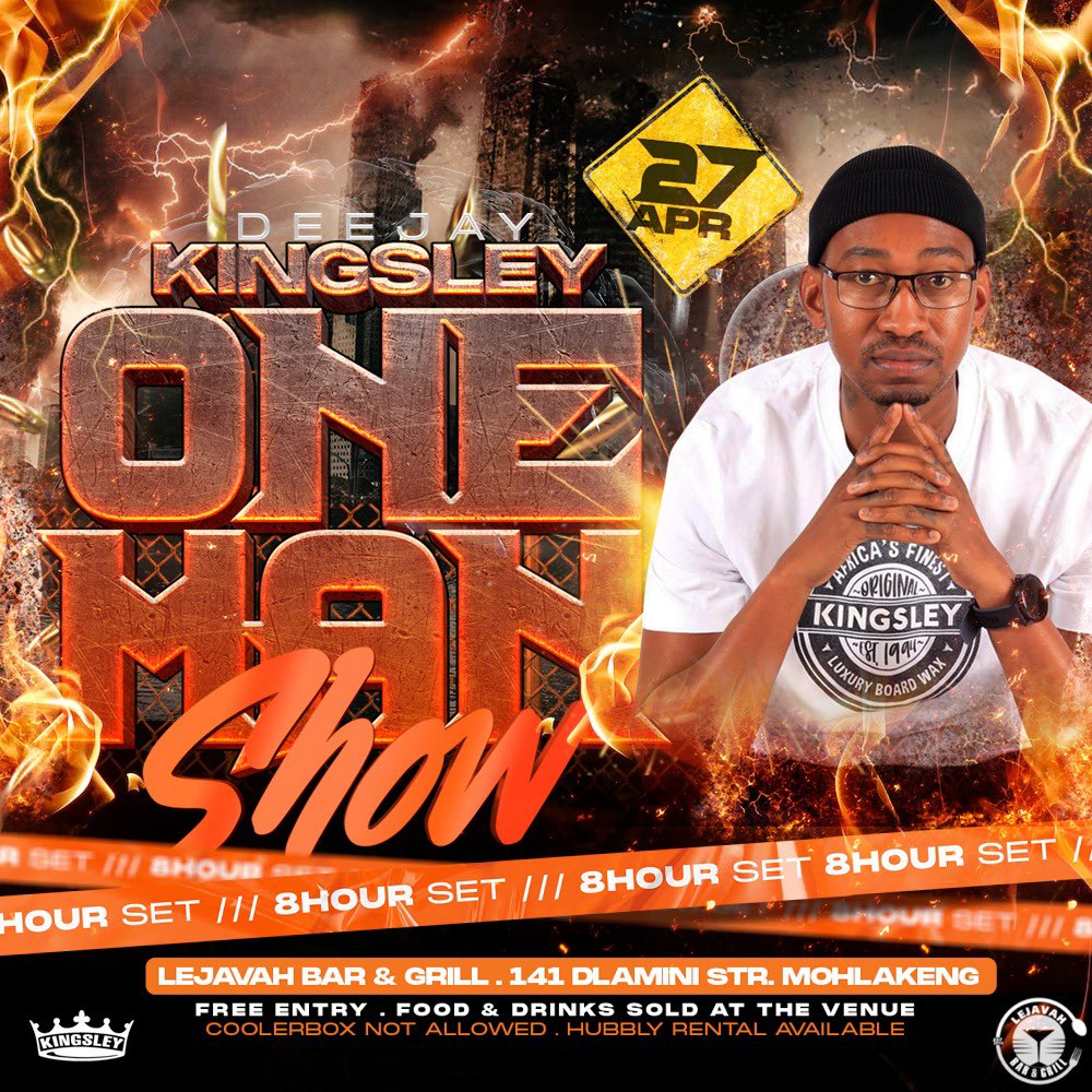 DeejayKingsley's tweet photo. Thurs 27th Apr is the big oneβ¦ Deejay Kingsleyβs #8hrsOneManShow at #LejavaBarAndGrill (Mohlakeng) come and be the witness. πππΎπΊπΎπ₯π―π»π₯πΎπ·π₯ https://t.co/C7dyf8KxYk