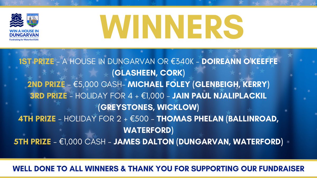 winahousedvan's tweet photo. 1/3 We have a winner 🥳

The Win A House In Dungarvan draw took place this morning and we want to say a huge congrats to all of our winners but especially Doireann O'Keeffe, Glasheen, Co. Cork who has won the overall prize which is a house in Dungarvan or €340K🎉 https://t.co/vDA213hZl9