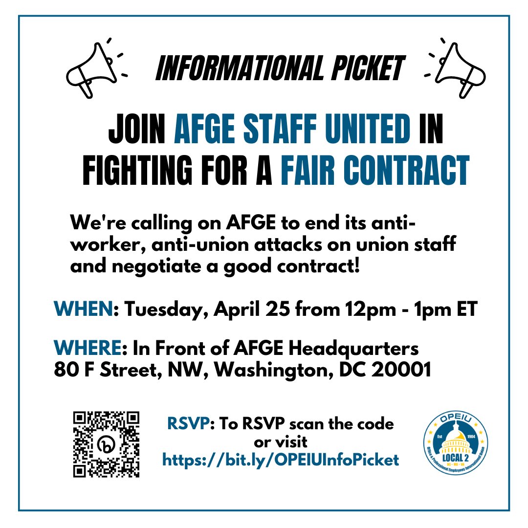AFGEStaffUnited's tweet photo. On Tuesday, April 25 we're taking it to the streets! We're calling on @AFGENational to end its anti-worker, anti-union attacks on union staff and negotiate a good contract.
Let us know you're coming by RSVPing at https://t.co/dalTAKeweW
#1u #UnionRightsforUnionStaff https://t.co/NCkQVLH2K5