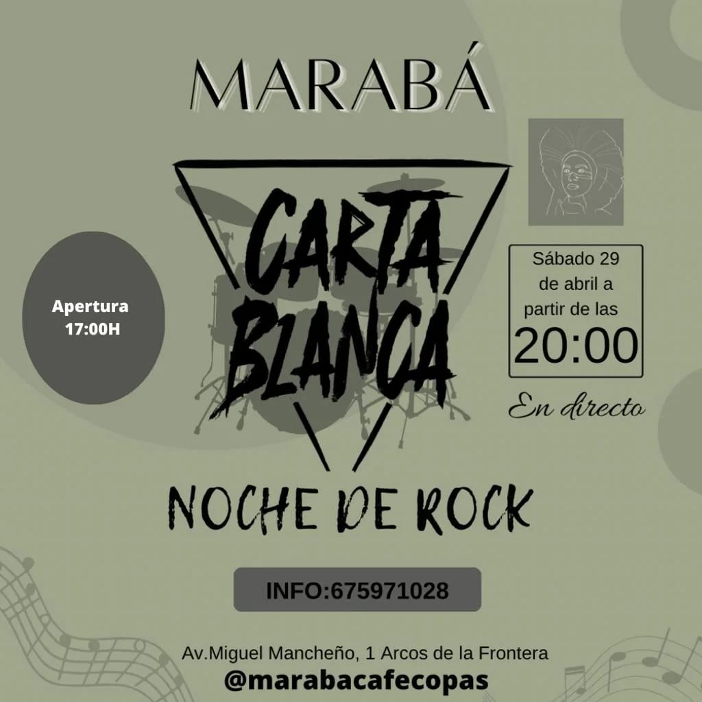 CartaBlancaRock's tweet photo. 🚨🔥 CONCIERTO 🔥🚨

¿Pensabas que no ibas a escucharnos en un finde motero?
Pues te esperamos en @marabacafecopas el sábado 29 a partir de las 20:00

¡Que no te lo cuenten!

#cartablancarock #alfinaldeltunel #Gira2023 #rock #MotoGP #musicaendirecto #concierto
#arcosdelafrontera https://t.co/V3oqgHBfLi