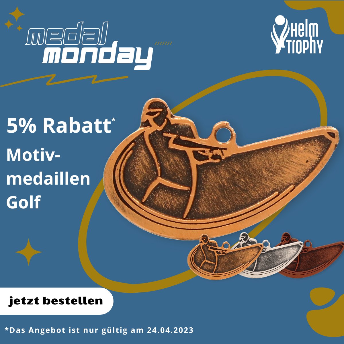 helmtrophy's tweet photo. Feiere deinen Sieg mit uns! 🎉 Sichere dir Morgen 5% Rabatt auf unsere Golf-Motivmedaillen und halte unvergessliche Momente fest.
https://t.co/GEhdkkWDPf 
Nur für begrenzte Zeit gültig. ⏳ 
#MedalMonday #Helmtrophy #Sieger #Erfolg #Auszeichnungen https://t.co/MfUFqeJZaU
