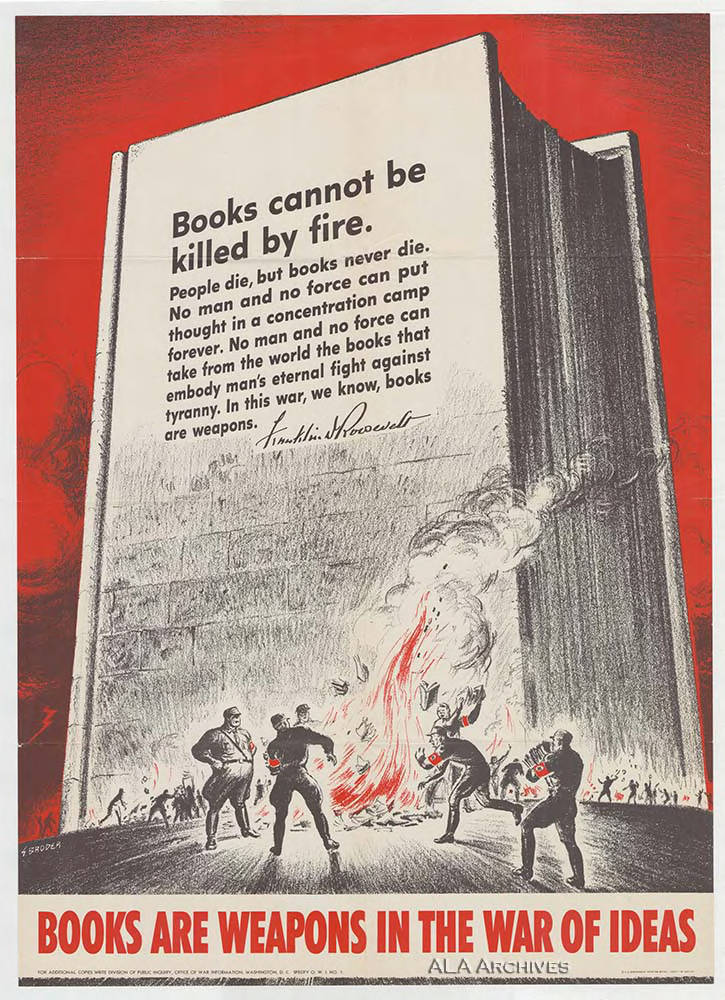 'Books Are Weapons in the War of Ideas'
(Alas, more topical than ever in the U.S.)
Poster by ‘Broder’. Ca. 1942.
#FDR #WW2 #bookburning #banningbooks #burningbooks